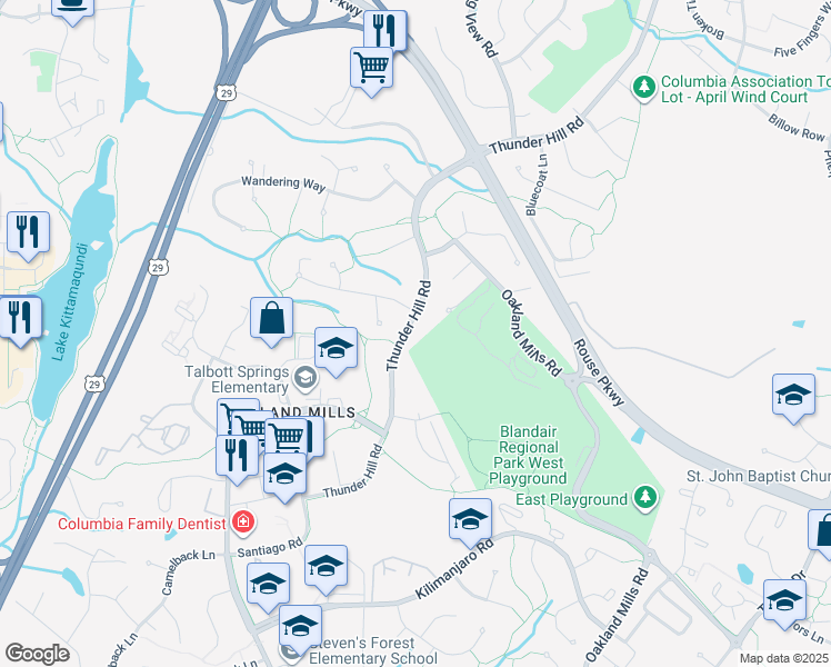 map of restaurants, bars, coffee shops, grocery stores, and more near 5653 Thunder Hill Road in Columbia