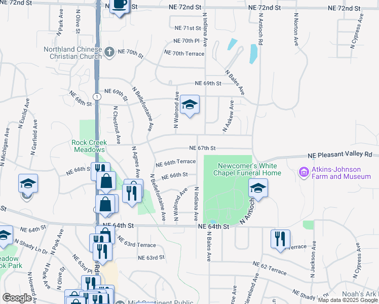 map of restaurants, bars, coffee shops, grocery stores, and more near 3205 Northeast 67th Street in Kansas City