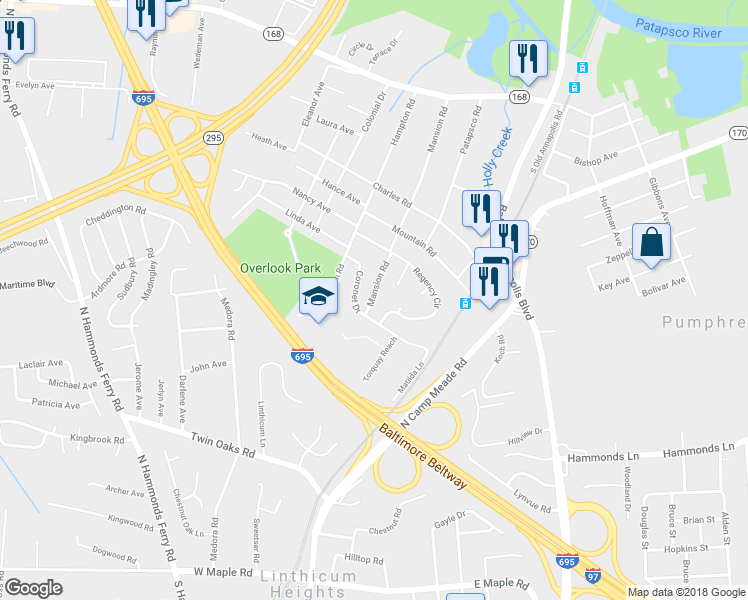 map of restaurants, bars, coffee shops, grocery stores, and more near 217 Mansion Rd in Linthicum