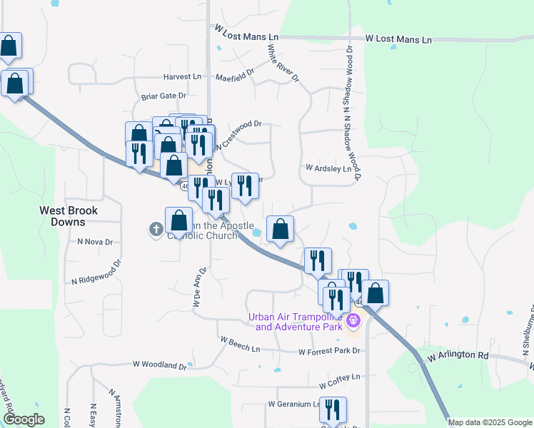 map of restaurants, bars, coffee shops, grocery stores, and more near 4550 North Deer Park Drive in Bloomington