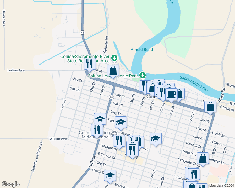 map of restaurants, bars, coffee shops, grocery stores, and more near 307 10th Street in Colusa