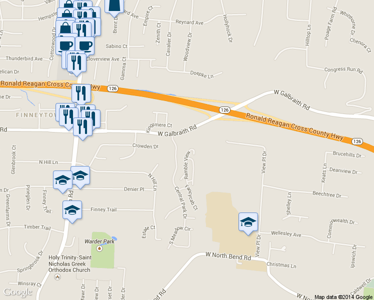 map of restaurants, bars, coffee shops, grocery stores, and more near 7905 Ramble View in Cincinnati
