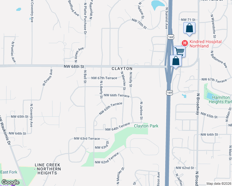 map of restaurants, bars, coffee shops, grocery stores, and more near 1400 Northwest 66th Terrace in Kansas City