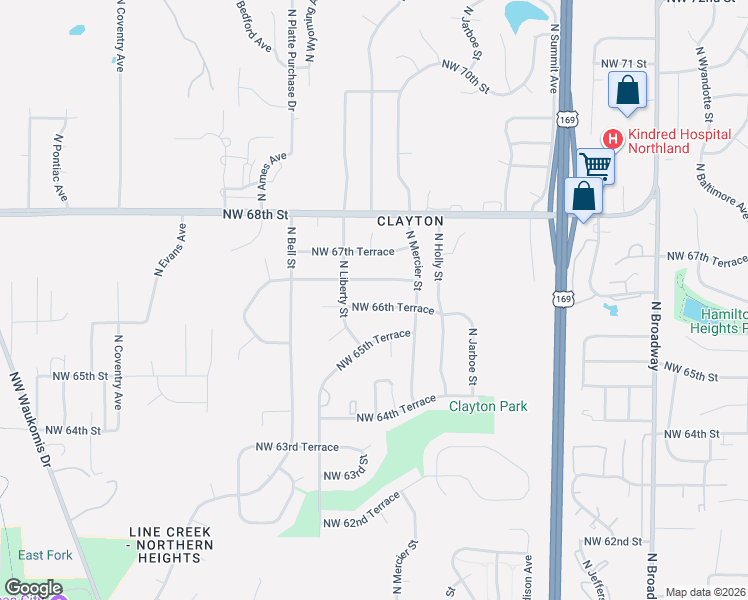 map of restaurants, bars, coffee shops, grocery stores, and more near 1400 Northwest 66th Terrace in Kansas City