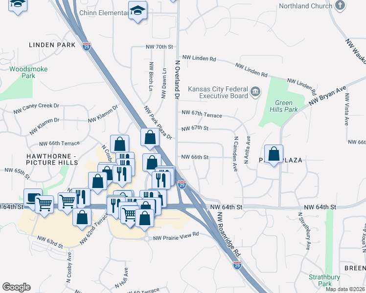 map of restaurants, bars, coffee shops, grocery stores, and more near 5107 Northwest 66th Terrace in Kansas City