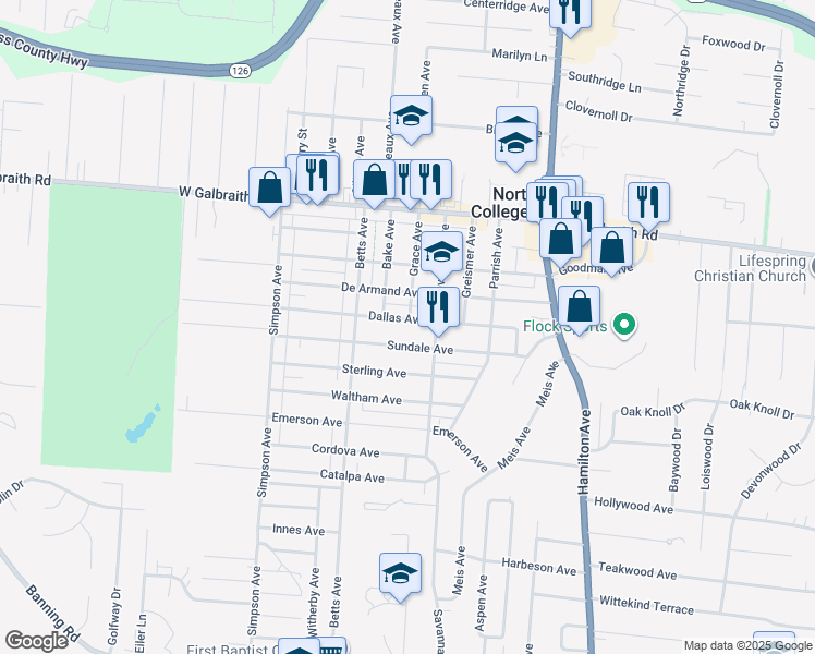 map of restaurants, bars, coffee shops, grocery stores, and more near 1815 Dallas Avenue in Cincinnati