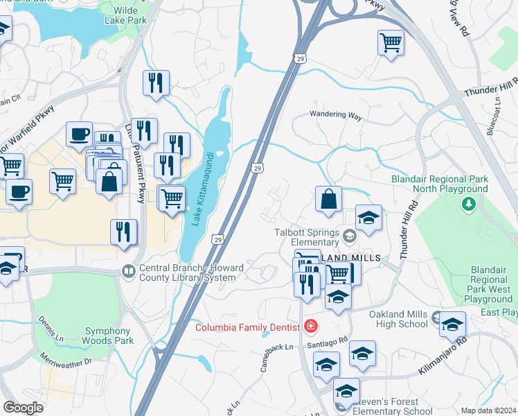 map of restaurants, bars, coffee shops, grocery stores, and more near 5662 Stevens Forest Road in Columbia