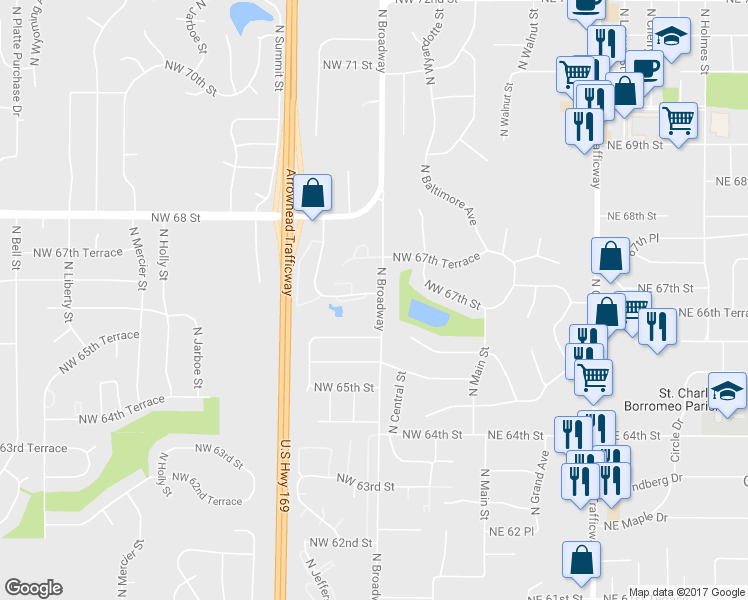 map of restaurants, bars, coffee shops, grocery stores, and more near 6616 North Broadway in Kansas City