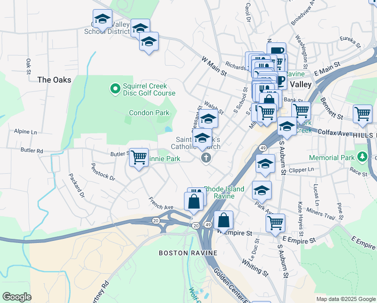 map of restaurants, bars, coffee shops, grocery stores, and more near Pleasant Street & Chapel Street in Grass Valley