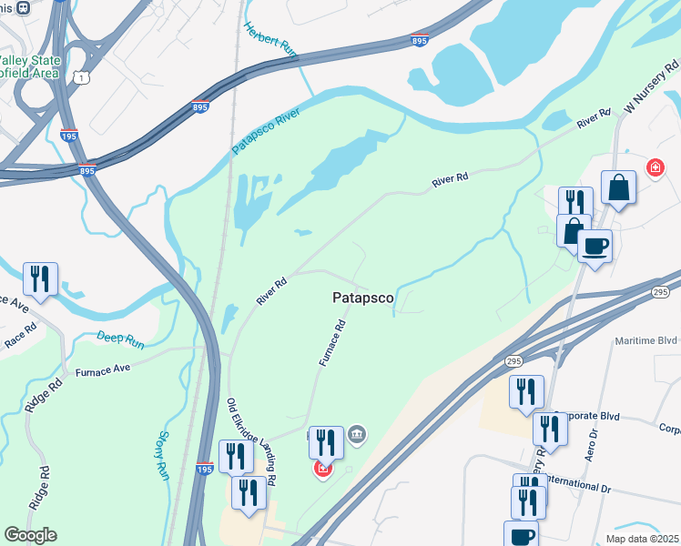 map of restaurants, bars, coffee shops, grocery stores, and more near 1117 Furnace Road in Linthicum Heights