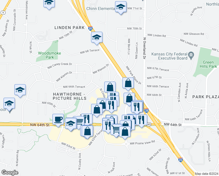 map of restaurants, bars, coffee shops, grocery stores, and more near 5518 Northwest 66th Terrace in Kansas City