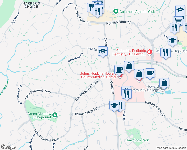 map of restaurants, bars, coffee shops, grocery stores, and more near 10908 Battersea Lane in Columbia