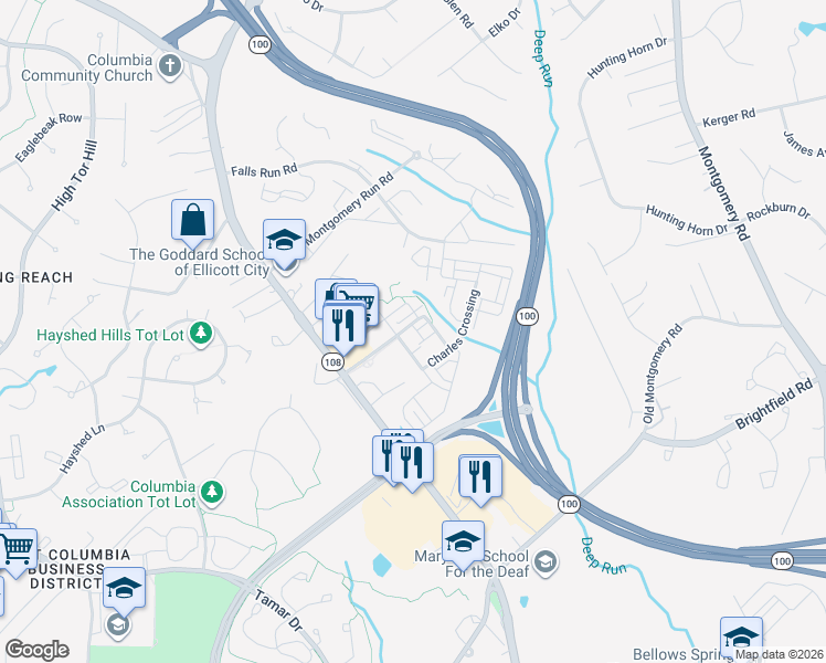 map of restaurants, bars, coffee shops, grocery stores, and more near 5804 Phillips Court in Ellicott City