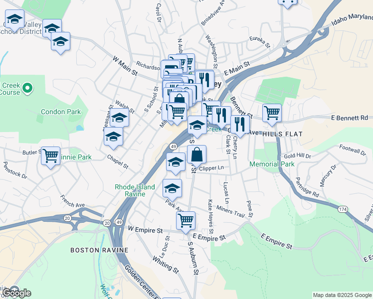 map of restaurants, bars, coffee shops, grocery stores, and more near 107 Mohawk Street in Grass Valley