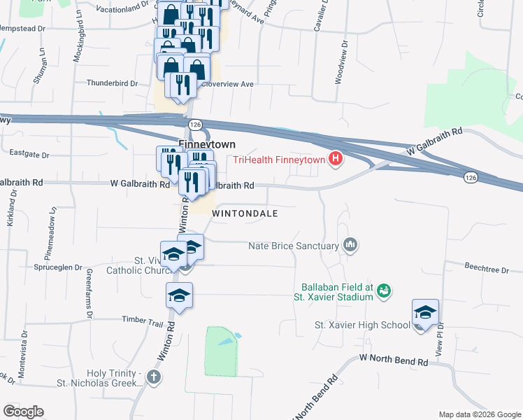 map of restaurants, bars, coffee shops, grocery stores, and more near 8144 Congresswood Lane in Cincinnati