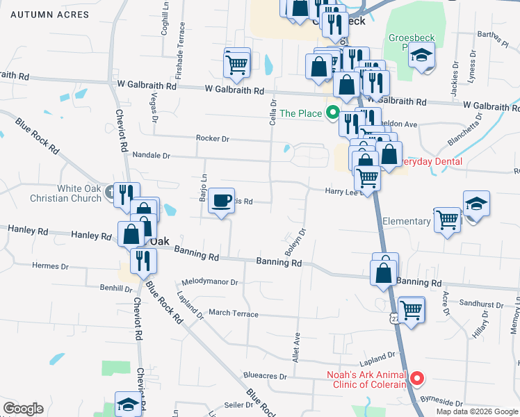 map of restaurants, bars, coffee shops, grocery stores, and more near 3333 Alexis Road in Cincinnati