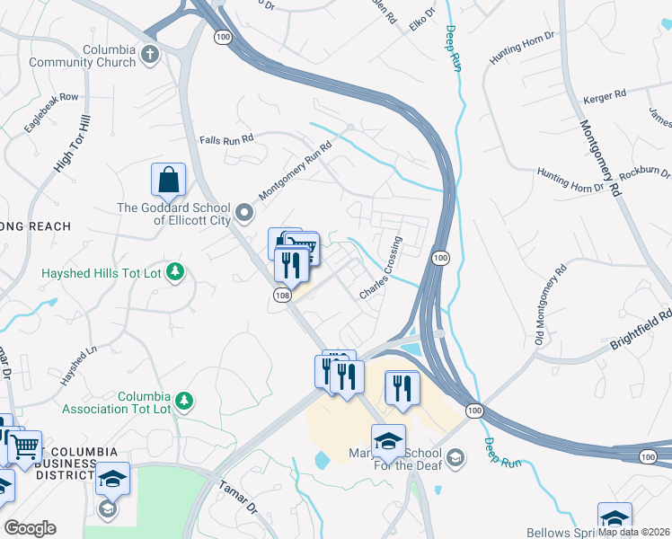 map of restaurants, bars, coffee shops, grocery stores, and more near 5733 Richards Valley Road in Ellicott City