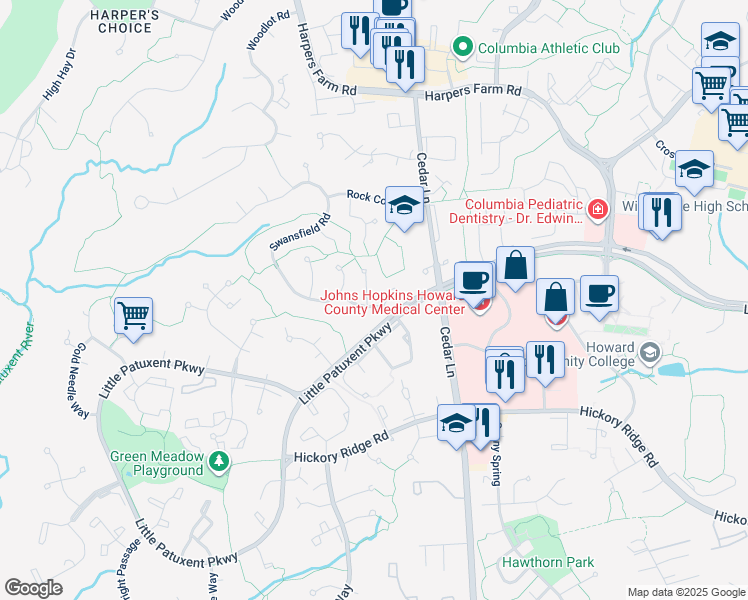 map of restaurants, bars, coffee shops, grocery stores, and more near 10908 Battersea Lane in Columbia