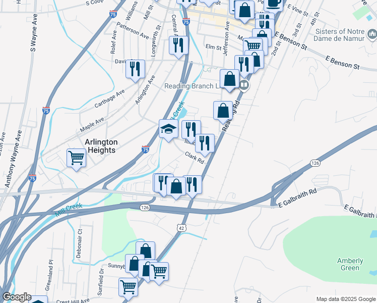 map of restaurants, bars, coffee shops, grocery stores, and more near 217 Clark Road in Cincinnati