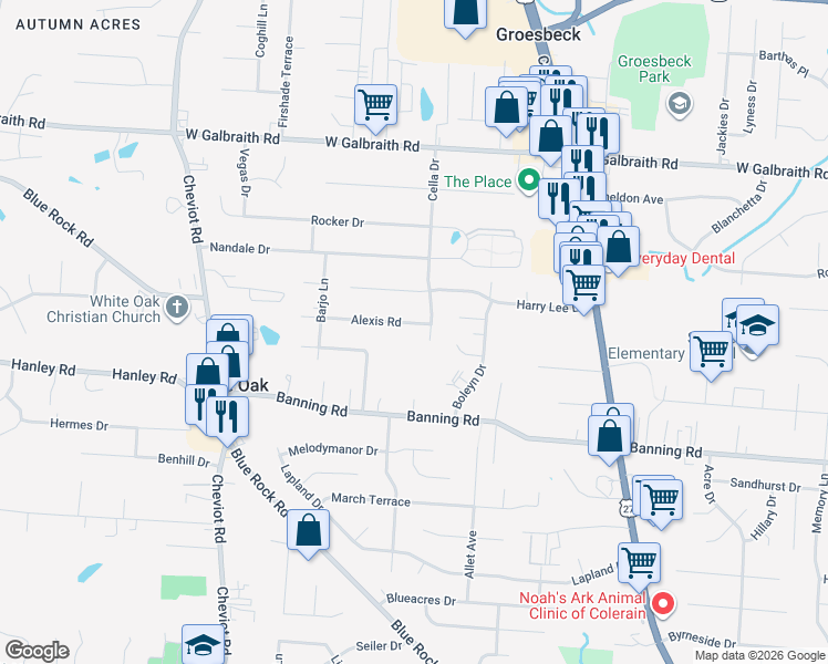 map of restaurants, bars, coffee shops, grocery stores, and more near 3333 Alexis Road in Cincinnati