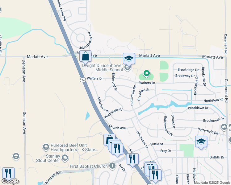 map of restaurants, bars, coffee shops, grocery stores, and more near 2715 Kirkwood Drive in Manhattan