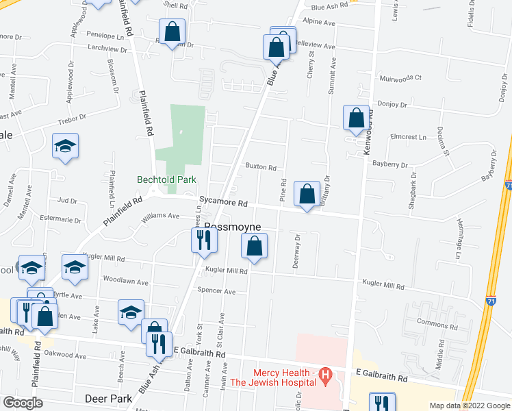 map of restaurants, bars, coffee shops, grocery stores, and more near Sycamore Road in Cincinnati