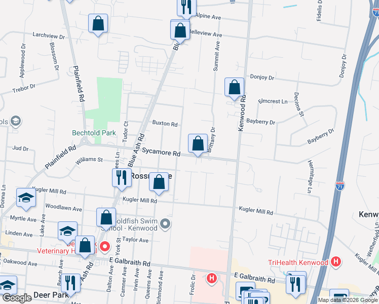 map of restaurants, bars, coffee shops, grocery stores, and more near 4652 Sycamore Road in Cincinnati