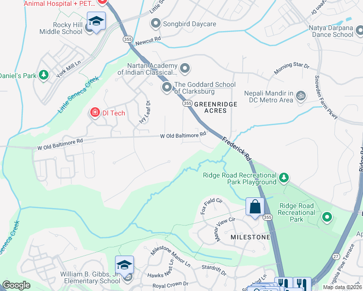map of restaurants, bars, coffee shops, grocery stores, and more near 12310 West Old Baltimore Road in Boyds