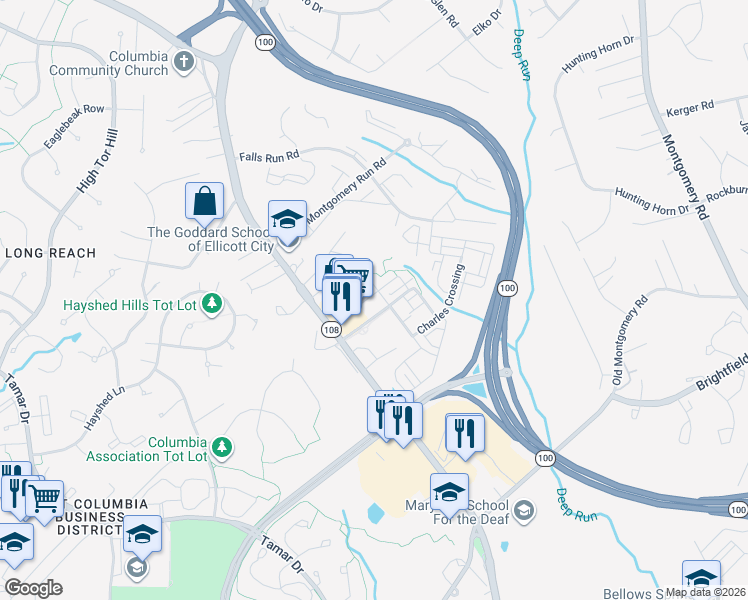 map of restaurants, bars, coffee shops, grocery stores, and more near 5863 Donovan Lane in Ellicott City