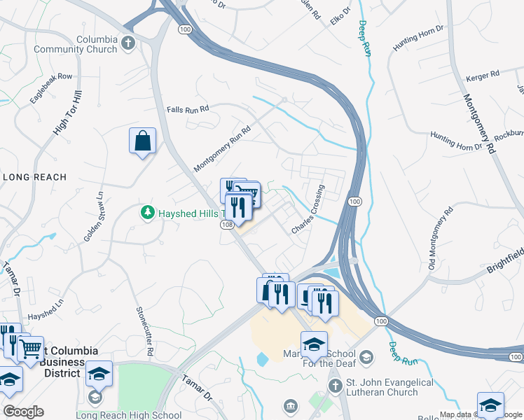 map of restaurants, bars, coffee shops, grocery stores, and more near 5863 Donovan Lane in Ellicott City