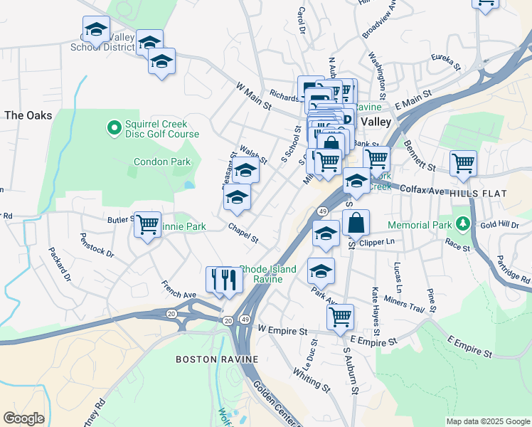 map of restaurants, bars, coffee shops, grocery stores, and more near 347 South Church Street in Grass Valley