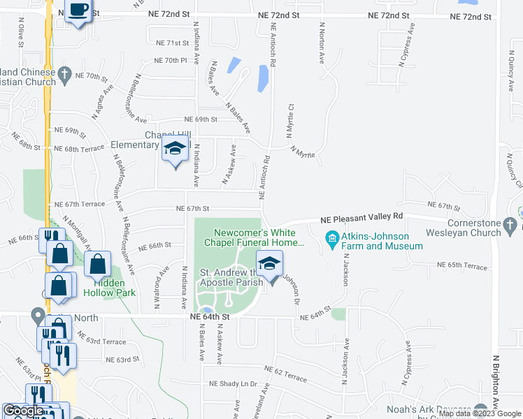 map of restaurants, bars, coffee shops, grocery stores, and more near NE Antioch Rd & NE 67 St in Gladstone