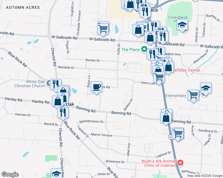map of restaurants, bars, coffee shops, grocery stores, and more near 3333 Alexis Road in Cincinnati
