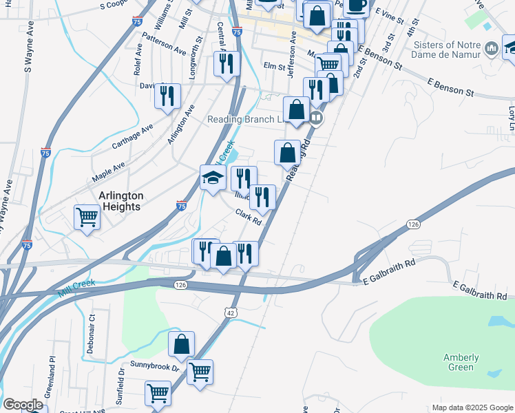 map of restaurants, bars, coffee shops, grocery stores, and more near 20 Clark Road in Cincinnati