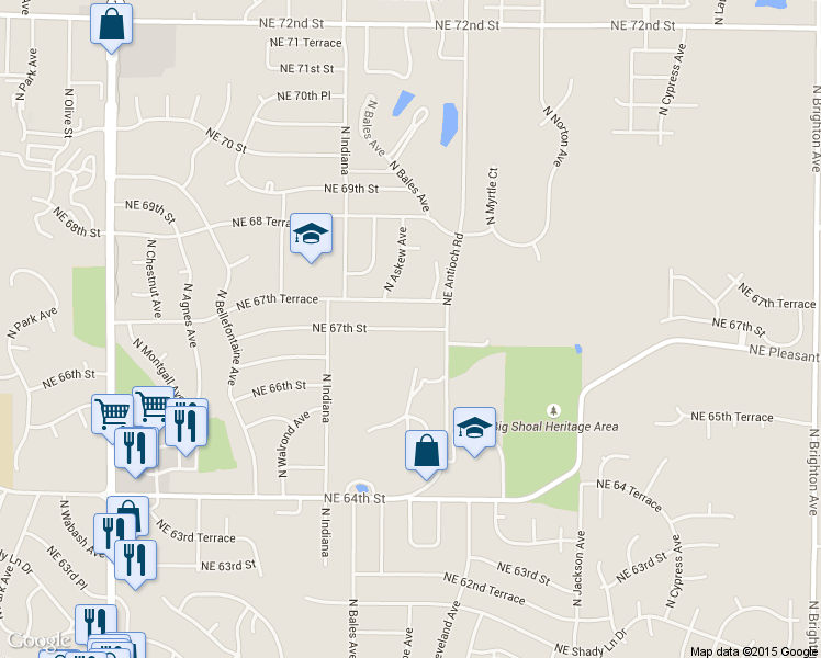 map of restaurants, bars, coffee shops, grocery stores, and more near 3614 Northeast 67 Street in Gladstone