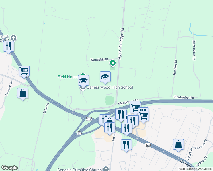 map of restaurants, bars, coffee shops, grocery stores, and more near 349 Apple Pie Ridge Road in Winchester