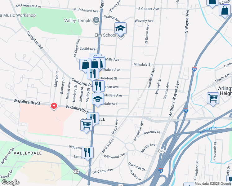 map of restaurants, bars, coffee shops, grocery stores, and more near 59 Woodsdale Avenue in Cincinnati
