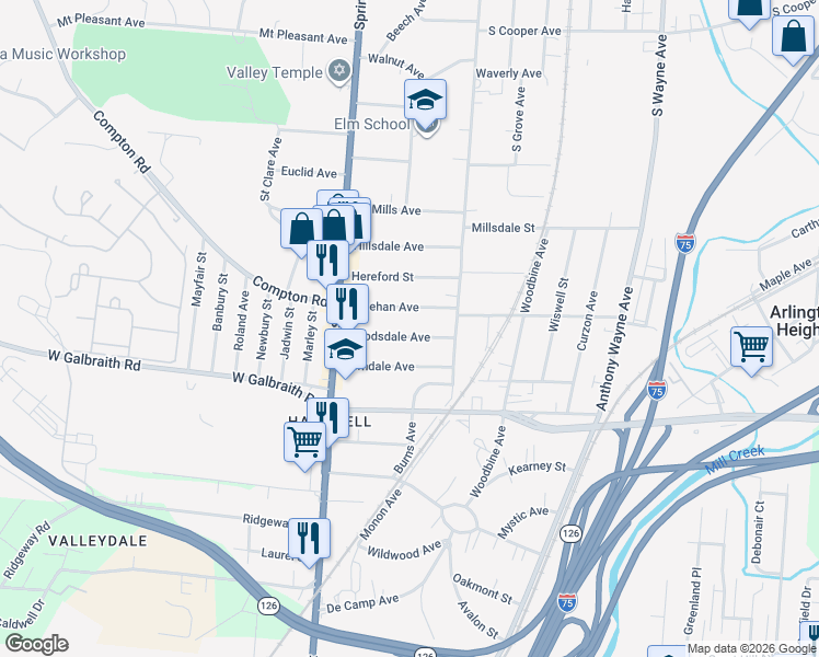 map of restaurants, bars, coffee shops, grocery stores, and more near 62 Woodsdale Avenue in Cincinnati