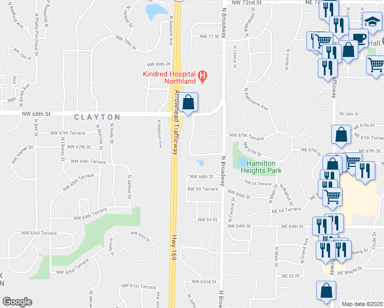 map of restaurants, bars, coffee shops, grocery stores, and more near 413 Northwest 66th Terrace in Kansas City