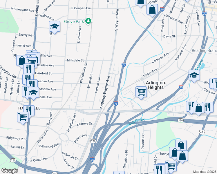 map of restaurants, bars, coffee shops, grocery stores, and more near 8380 Anthony Wayne Avenue in Cincinnati