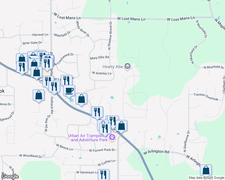 map of restaurants, bars, coffee shops, grocery stores, and more near 4000 Ashbrook Ln in Bloomington