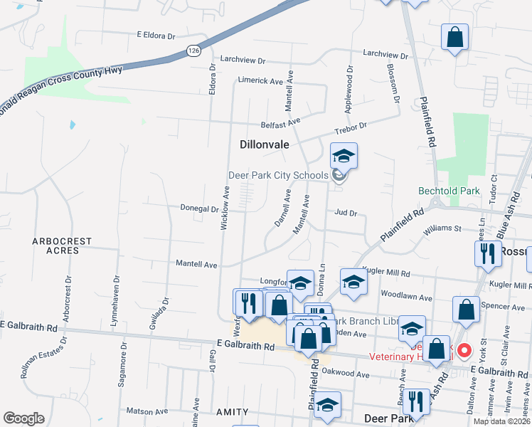 map of restaurants, bars, coffee shops, grocery stores, and more near 8501 Darnell Avenue in Cincinnati