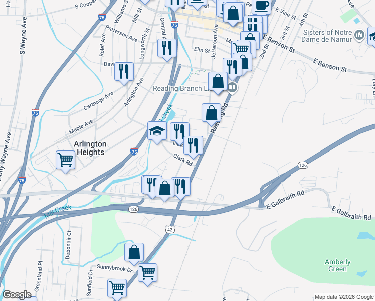 map of restaurants, bars, coffee shops, grocery stores, and more near 20 Clark Road in Cincinnati
