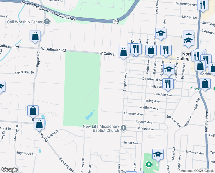 map of restaurants, bars, coffee shops, grocery stores, and more near 2021 Sundale Avenue in North College Hill