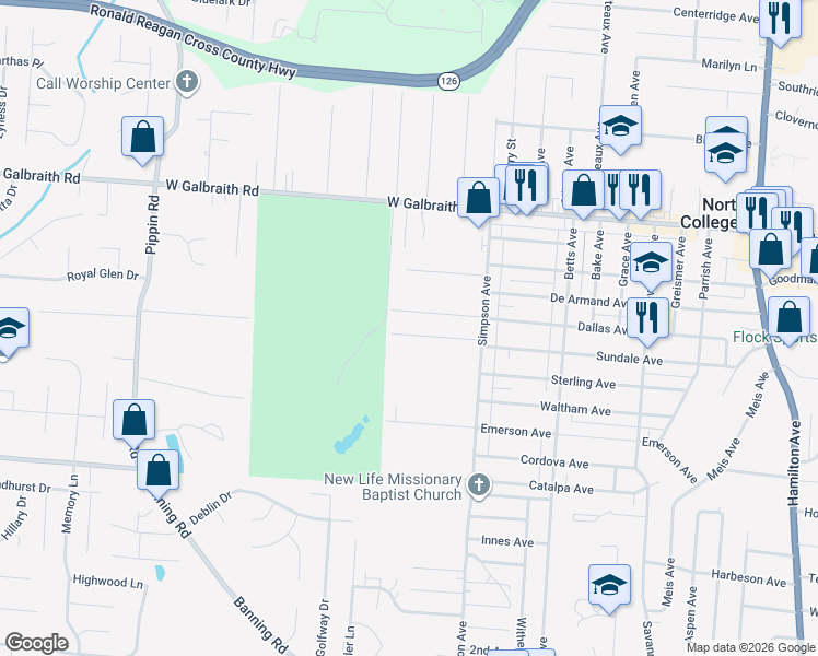 map of restaurants, bars, coffee shops, grocery stores, and more near 2021 Sundale Avenue in North College Hill