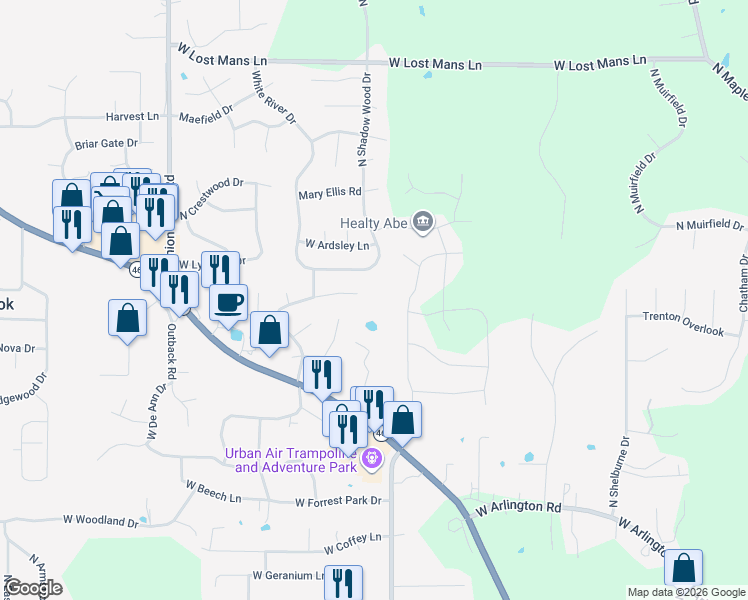 map of restaurants, bars, coffee shops, grocery stores, and more near 4000 Ashbrook Ln in Bloomington