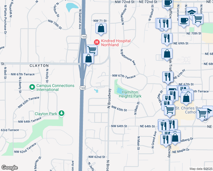 map of restaurants, bars, coffee shops, grocery stores, and more near 6616 North Broadway in Kansas City