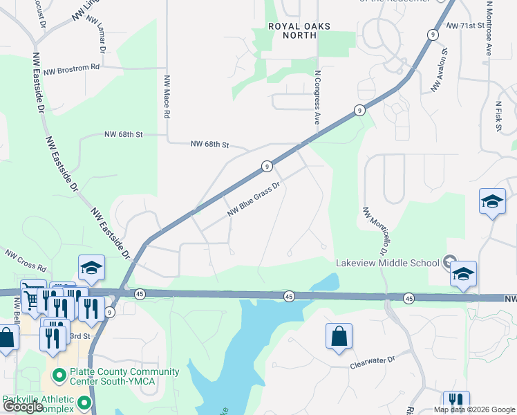 map of restaurants, bars, coffee shops, grocery stores, and more near 7909 Northwest Blue Grass Drive in Parkville