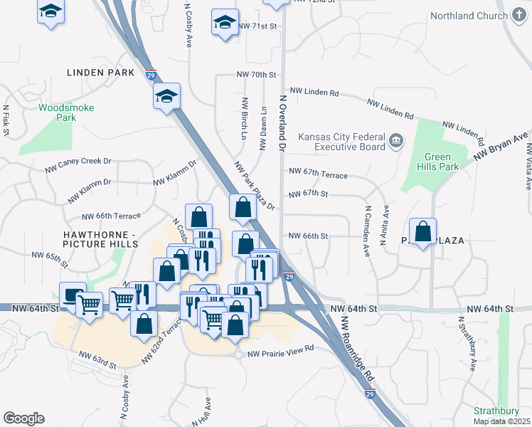 map of restaurants, bars, coffee shops, grocery stores, and more near 6508 North Overland Drive in Kansas City