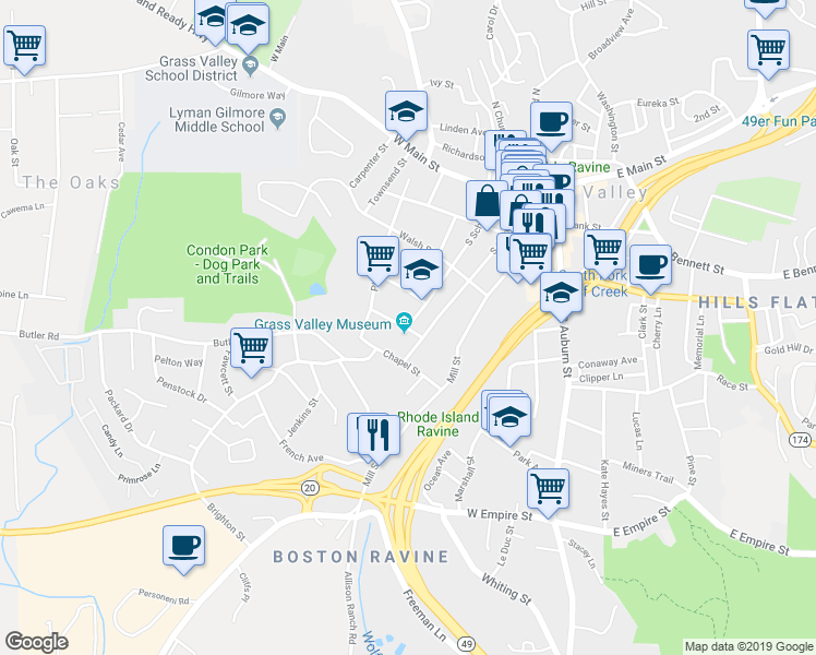 map of restaurants, bars, coffee shops, grocery stores, and more near South School Street & Dalton Street in Grass Valley